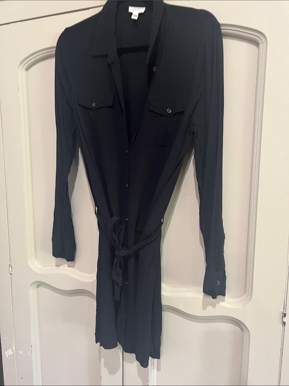 Black Button-Front Shirt Dress with Waist Tie
